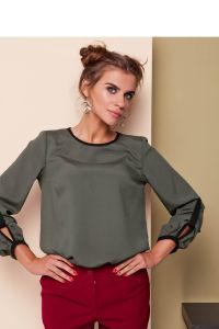Bluzka o swobodnym kroju z kontrastową lamówką GR1612 Khaki