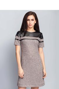 Modna sukienka z elementami eko-skóry MM1101 Grey/Beige