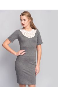 Elegancka gładka sukienka wykończona koronką MM1090 Grey