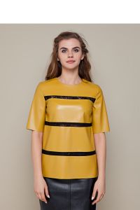 Oryginalny sweter z dwóch materiałów GR1311 Musztarda
